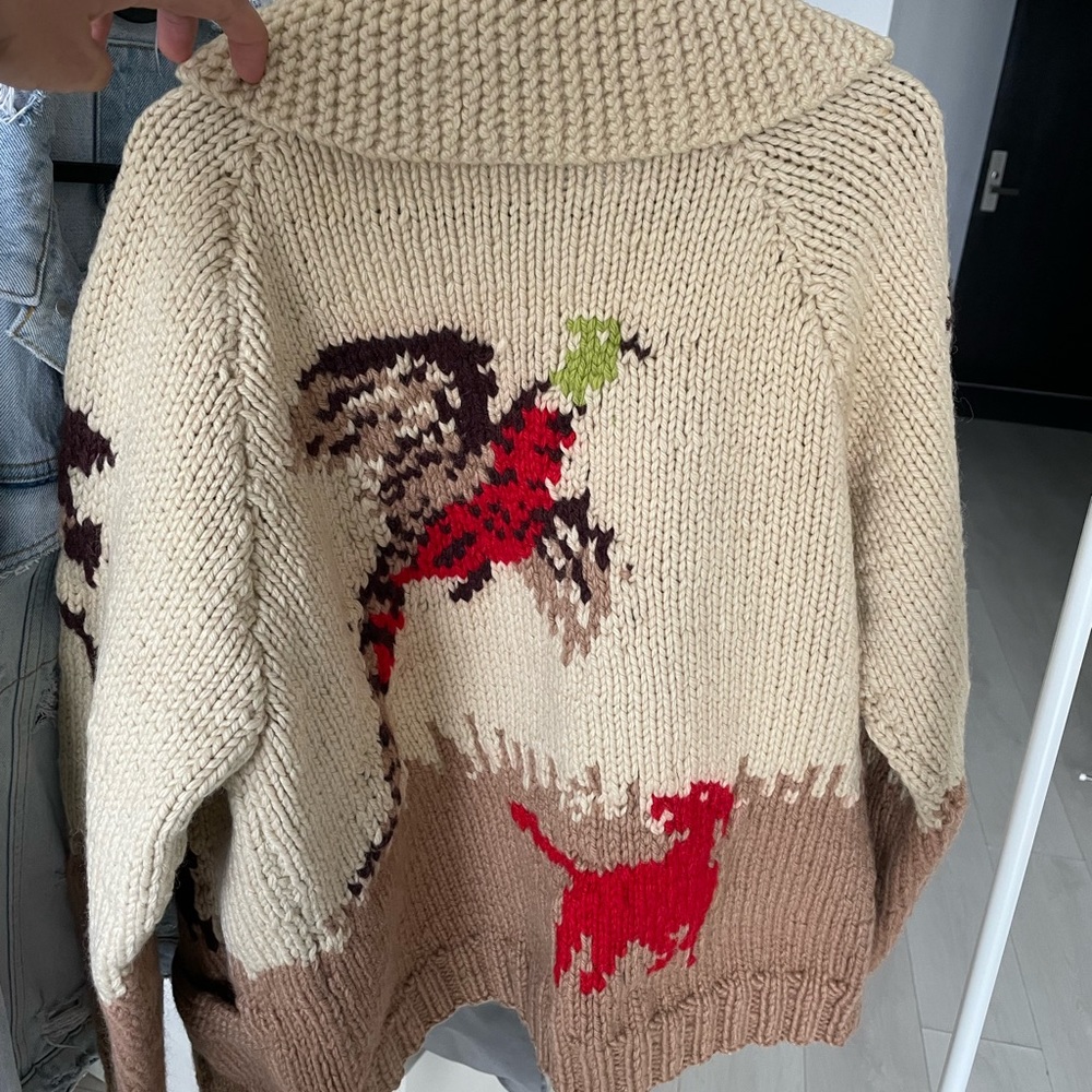 Vintage 1960’s Handknit Wool Zip Front Cardigan Sweater Hunter Pheasant Mens Med - Picture 3 of 5